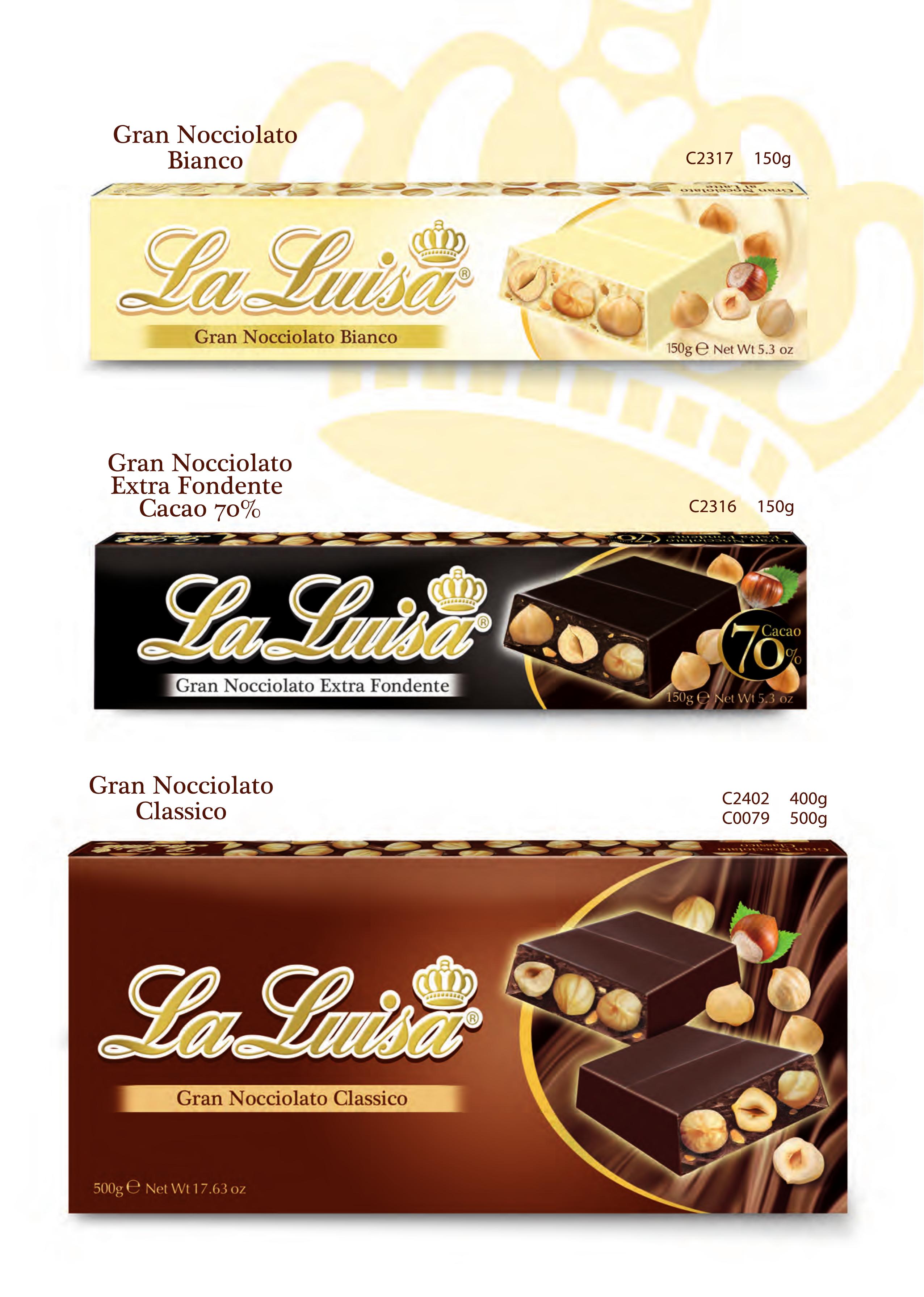 Gran Nocciolato Bianco, Extra Fondente 70% e Classico 500g La Luisa